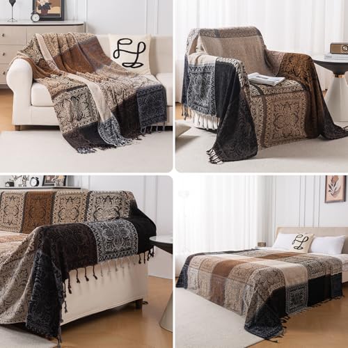 Edcooy Boho Throw Blanket, Chenille Jacquard Tassels Throw Blankets for Bed Couch Soft Chair， Bohemian Fringe Tassels (Black, Large 86 * 102Inches) - Image 5