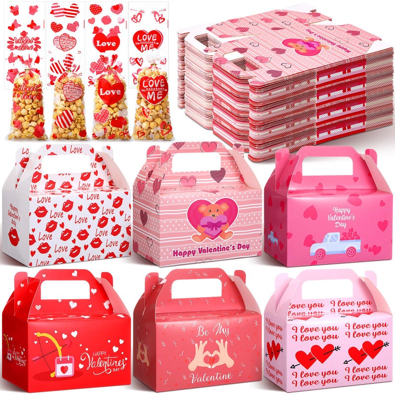 ReliThick 80 Pack Valentine's Day Treat Box with Cellophane Bags Heart Goodie Cookie Candy Boxes for Treats Valentine Gift Bag for Party(Chic) - Image 1