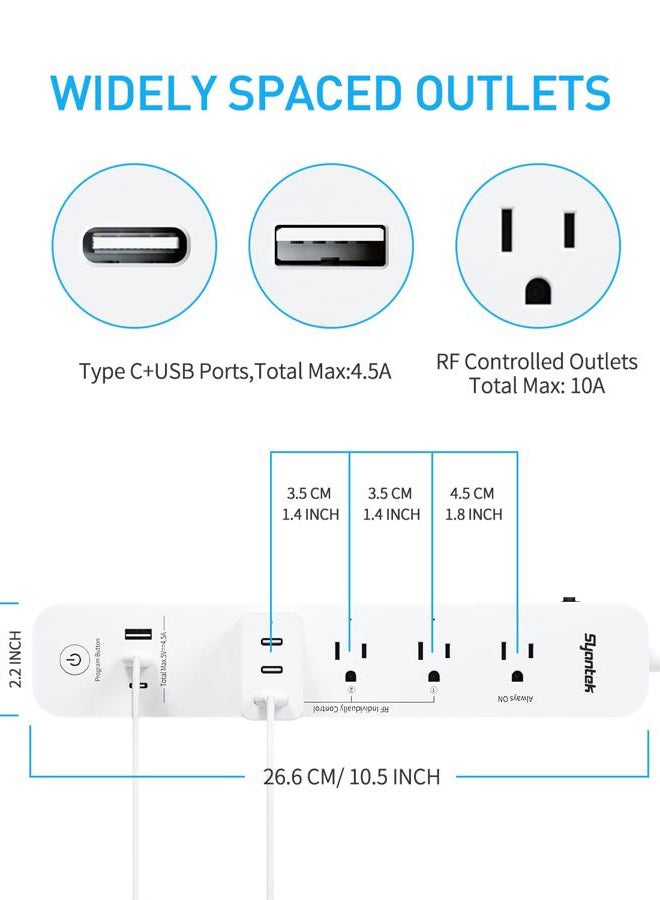Syantek موزع طاقة بتحكم عن بُعد مع 3 منافذ USB (2 نوع A و 1 نوع C)، 3 مآخذ متحكم بها RF، سلك تمديد بطول 5 أقدام/1.5 متر، مخرج تحكم عن بُعد بقدرة 15A/1875W ل - Image 3