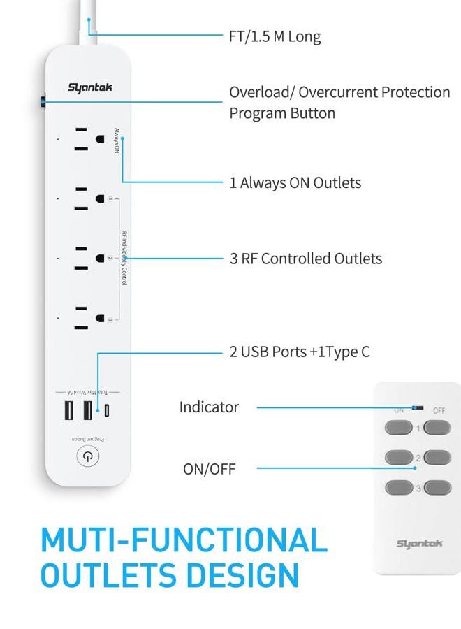 Syantek موزع طاقة بتحكم عن بُعد مع 3 منافذ USB (2 نوع A و 1 نوع C)، 3 مآخذ متحكم بها RF، سلك تمديد بطول 5 أقدام/1.5 متر، مخرج تحكم عن بُعد بقدرة 15A/1875W ل - Image 2