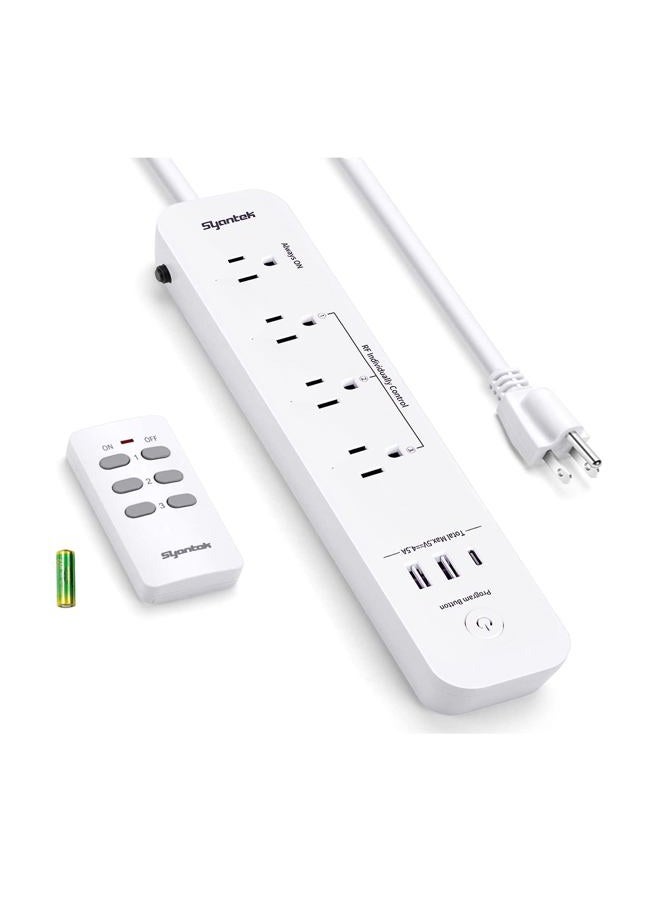 Syantek موزع طاقة بتحكم عن بُعد مع 3 منافذ USB (2 نوع A و 1 نوع C)، 3 مآخذ متحكم بها RF، سلك تمديد بطول 5 أقدام/1.5 متر، مخرج تحكم عن بُعد بقدرة 15A/1875W ل - Image 1