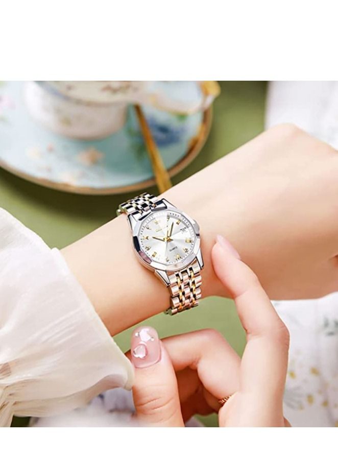 Excefore ساعات نسائية رسمية أرقام رومانية ألماس ستانلس ستيل مقاوم للماء فضي مصمم معدن سوار قابل للتمدد ساعة يد نسائية - Image 2