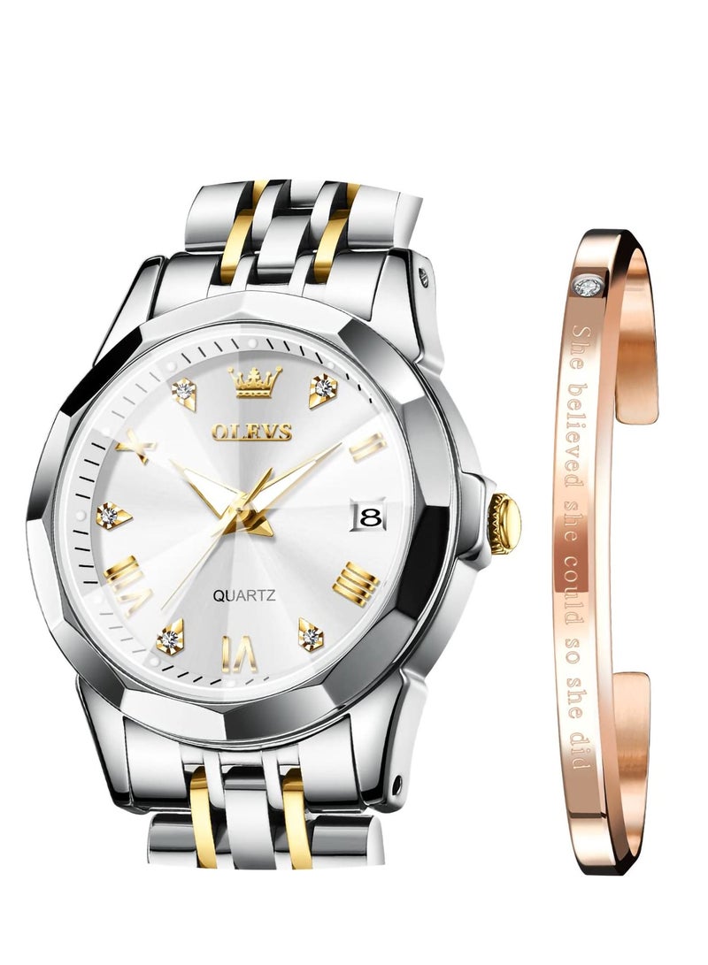 Excefore ساعات نسائية رسمية أرقام رومانية ألماس ستانلس ستيل مقاوم للماء فضي مصمم معدن سوار قابل للتمدد ساعة يد نسائية - Image 1