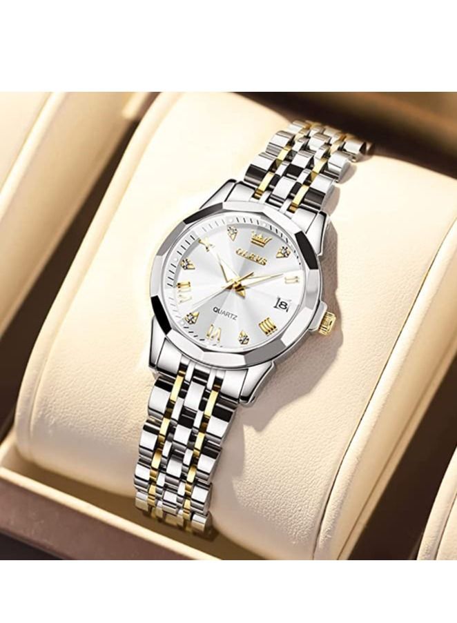 Excefore ساعات نسائية رسمية أرقام رومانية ألماس ستانلس ستيل مقاوم للماء فضي مصمم معدن سوار قابل للتمدد ساعة يد نسائية - Image 4