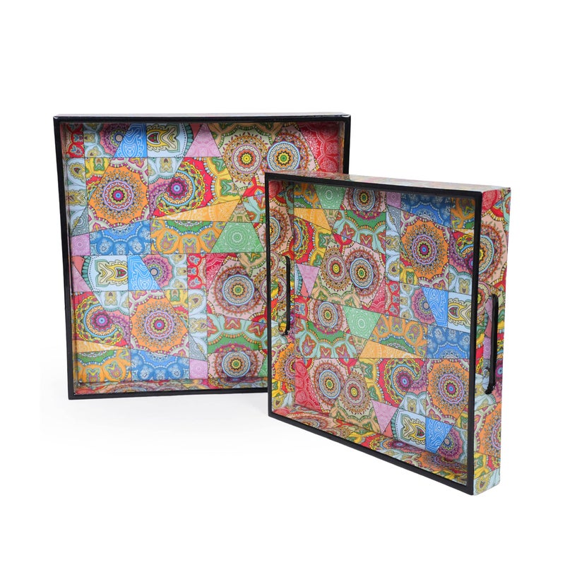 Amimashop Wooden Serving Trays Set of 2| Multi-Color Floral Design Square Trays with Handles for Serving & Decoration | Sizes 12"x12"x2.5" & 10"x10"x1.5" (Multicolour) - Image 1