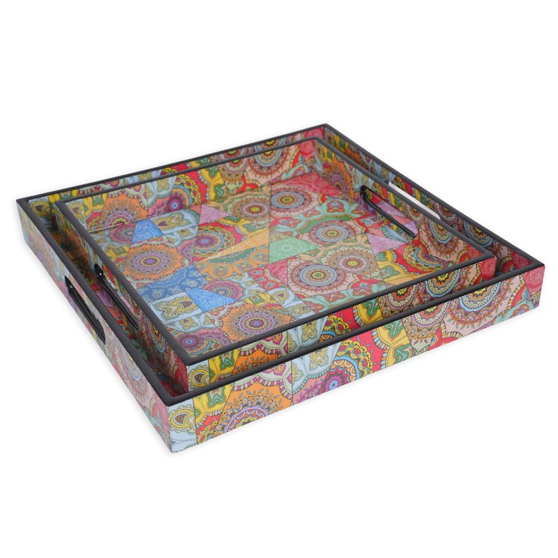 Amimashop Wooden Serving Trays Set of 2| Multi-Color Floral Design Square Trays with Handles for Serving & Decoration | Sizes 12"x12"x2.5" & 10"x10"x1.5" (Multicolour) - Image 2