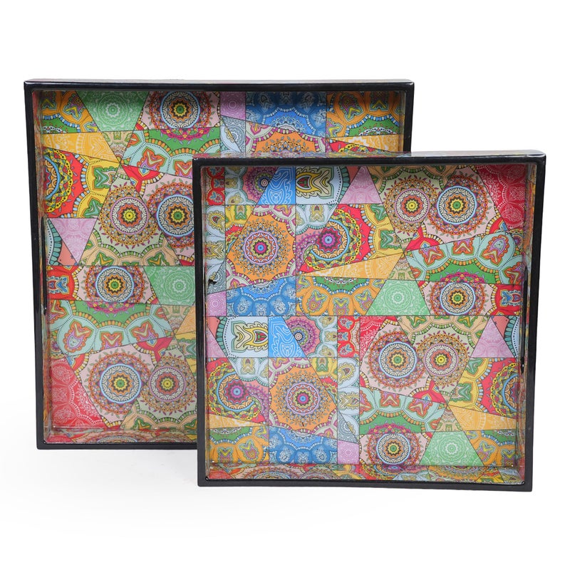 Amimashop Wooden Serving Trays Set of 2| Multi-Color Floral Design Square Trays with Handles for Serving & Decoration | Sizes 12"x12"x2.5" & 10"x10"x1.5" (Multicolour) - Image 3