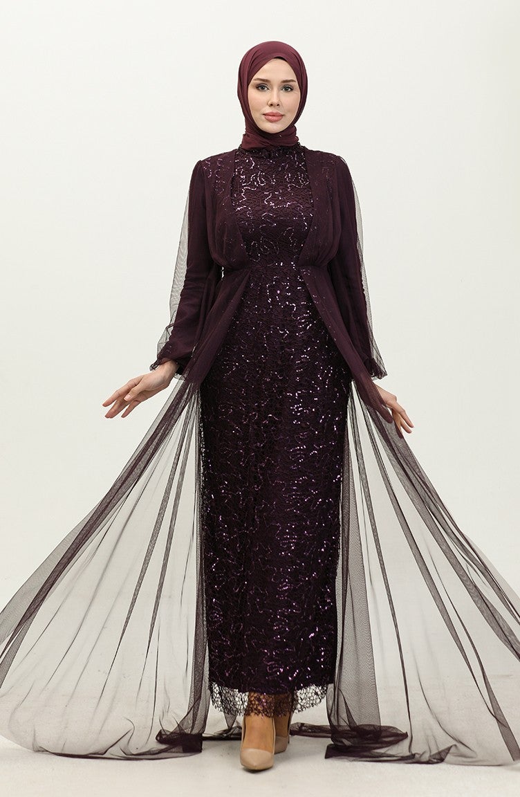 Sefa Merve Sequined Evening Dress 6383A-05 Plum  - Image 1