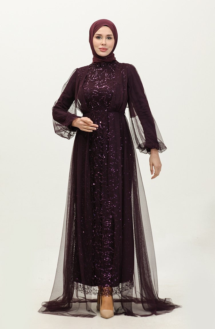 Sefa Merve Sequined Evening Dress 6383A-05 Plum  - Image 2