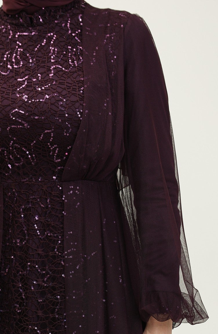 Sefa Merve Sequined Evening Dress 6383A-05 Plum  - Image 4