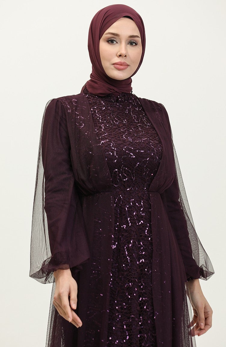 Sefa Merve Sequined Evening Dress 6383A-05 Plum  - Image 3