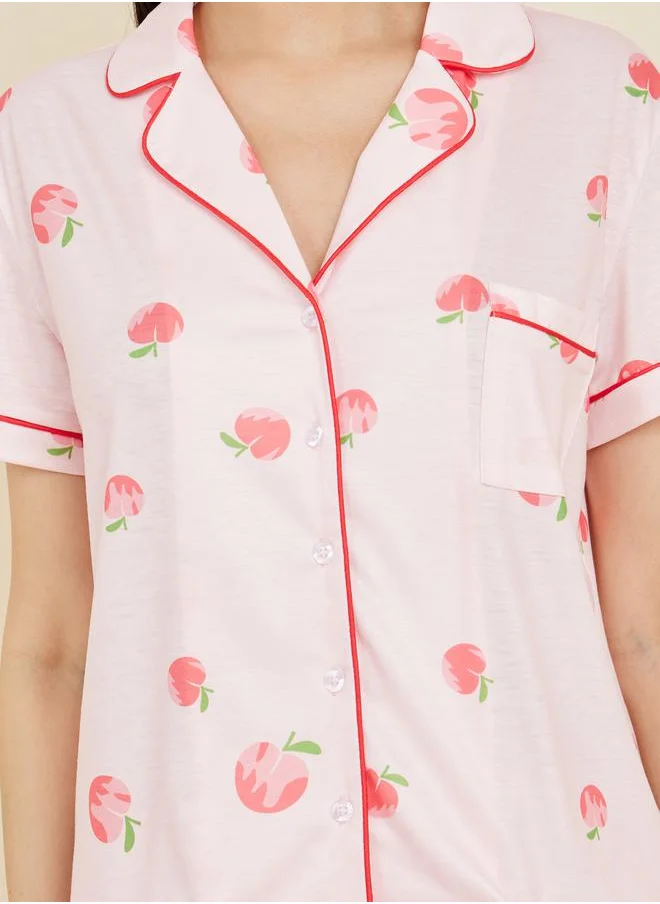 ستايلي Peach AOP Piped Detail Shirt and Short Set