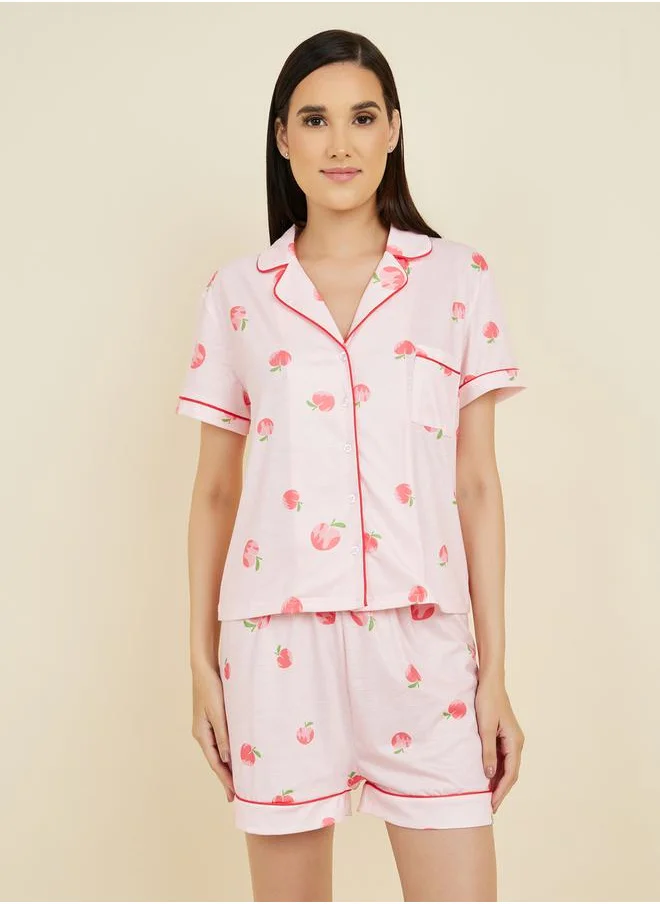 ستايلي Peach AOP Piped Detail Shirt and Short Set
