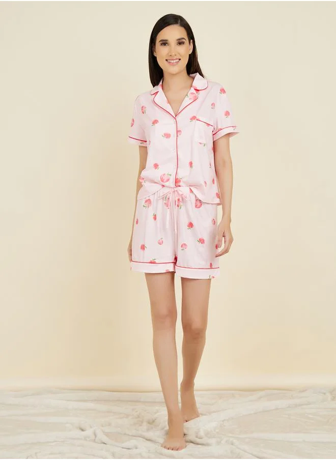 ستايلي Peach AOP Piped Detail Shirt and Short Set