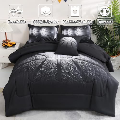 Tasselily 6 Pcs Basketball Full Bedding Sets for Boys,Basketball Sports Black Full Size Comforter Set with Sheets for Kids Teens - Image 2