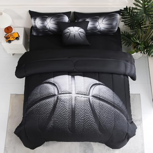 Tasselily 6 Pcs Basketball Full Bedding Sets for Boys,Basketball Sports Black Full Size Comforter Set with Sheets for Kids Teens - Image 1