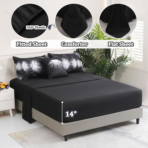 Tasselily 6 Pcs Basketball Full Bedding Sets for Boys,Basketball Sports Black Full Size Comforter Set with Sheets for Kids Teens - Image 4
