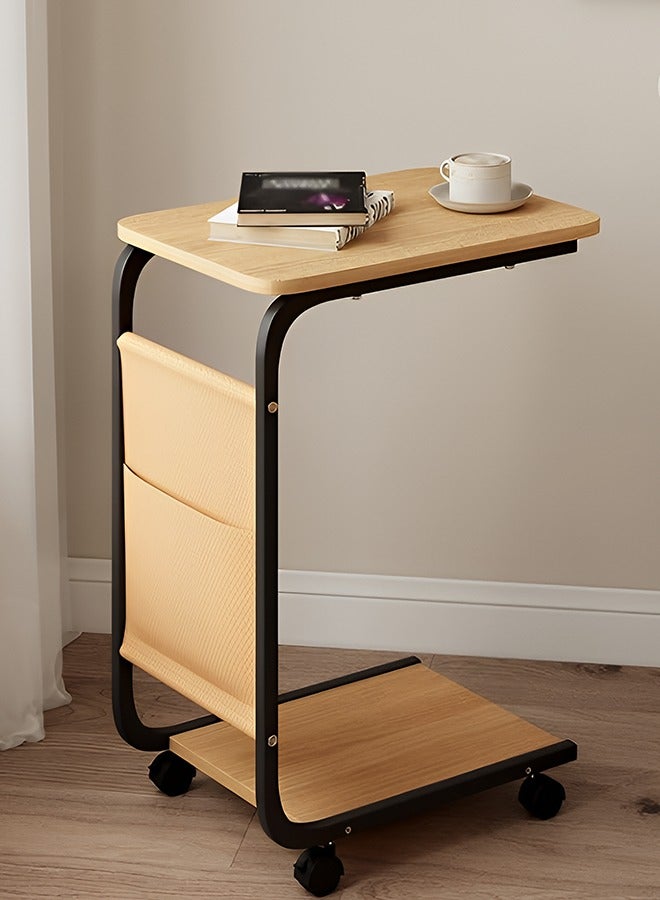 تايمي مجموعة من 4 طاولة جانبية عصرية علي شكل حرف C مزودة بعجلات وجيب جانبي، طاولة بجانب السرير والأريكة بإطار معدني لغرفة المعيشة و غرفة النوم – لون خشبي بإطار أسود - Image 5