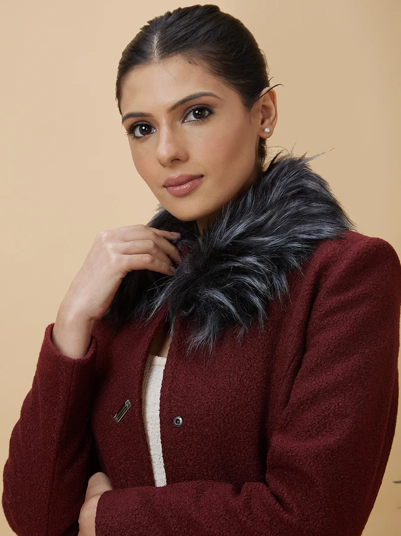 globus Women Rust Single-Breasted Faux Fur Trim Longline Overcoat