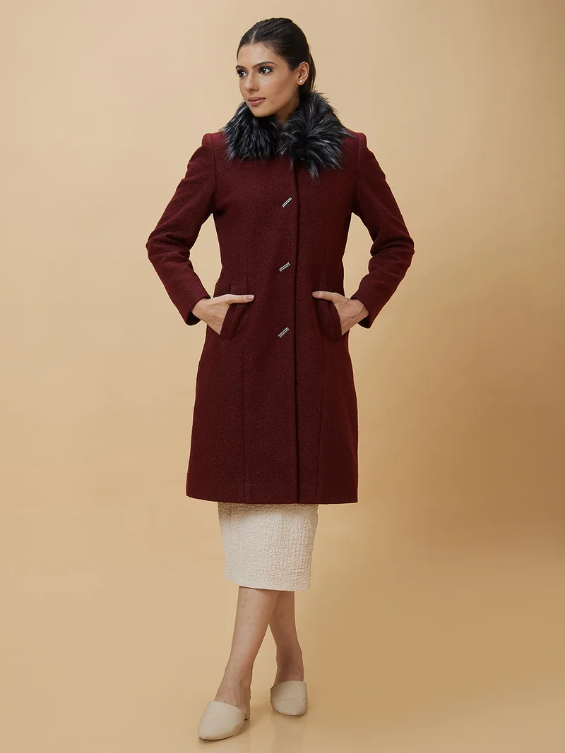 globus Women Rust Single-Breasted Faux Fur Trim Longline Overcoat
