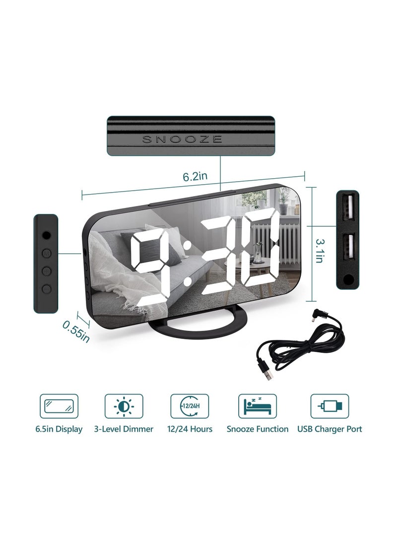 Y&D - Digital USB rechargeable Alarm Clock, Black Clock Bedside Non Ticking with Dimmable LED Display, Screen as Mirror - Image 1