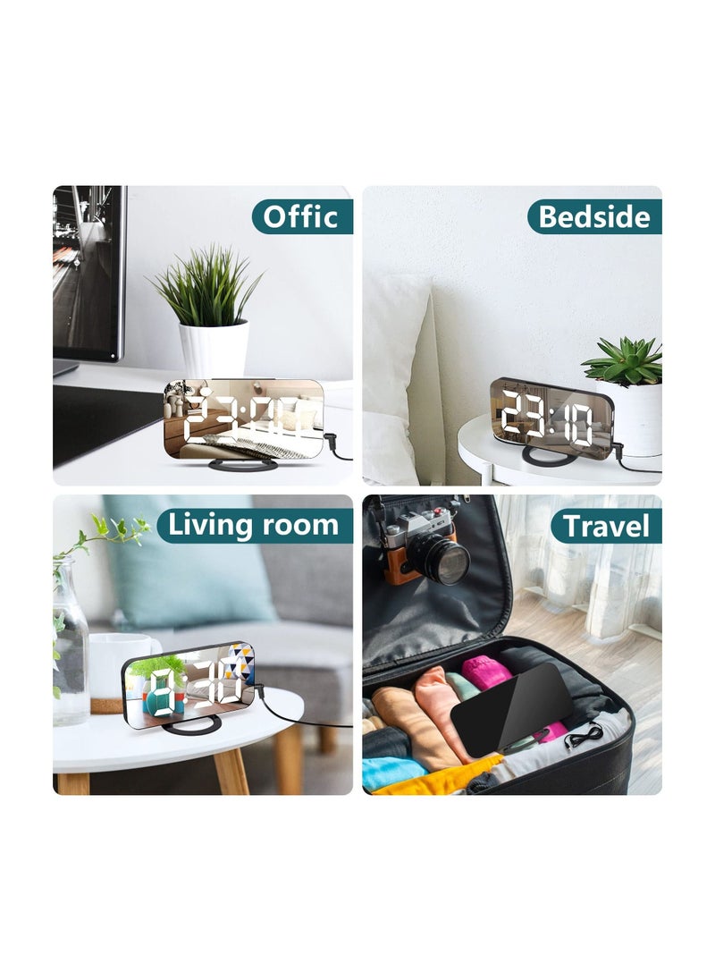 Y&D - Digital USB rechargeable Alarm Clock, Black Clock Bedside Non Ticking with Dimmable LED Display, Screen as Mirror - Image 1
