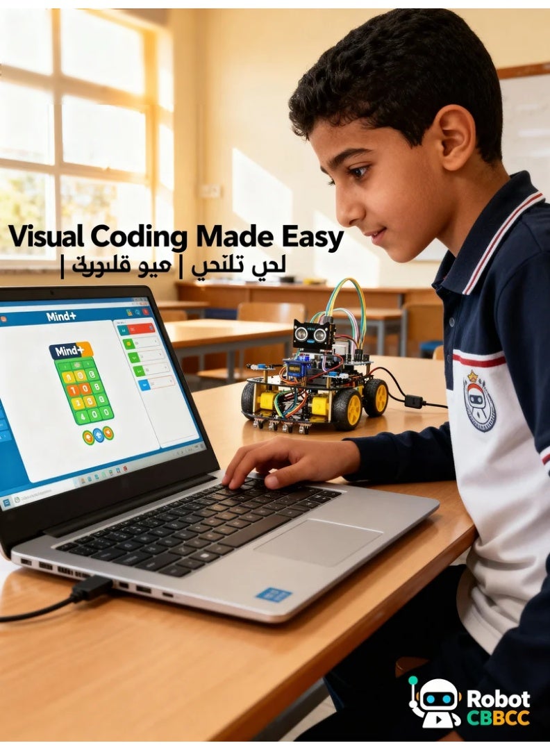 robotgcc This advanced four-wheel Arduino Smart Robot Car Kit is designed for STEM education and robotics learning. It combines infrared line tracking, ultrasonic distance sensing, and servo-based scanning to simulate autonomous navigation. The UNO R3 controller supports C/C++ coding and Mind+ block programming, offering flexibility for both beginners and advanced learners. Students can experiment with sensor fusion, motion algorithms, and PID tuning, exploring how robots perceive, decide, and act. The modular design uses plug-and-play terminals with a durable acrylic chassis and metal standoffs. Clear illustrated manuals allow complete assembly in 30 minutes. Safe, eco-friendly, and compliant with CE/EN71/IEC62115 standards, this robot car supports school labs and DIY projects alike—perfect for learning automation, control, and coding principles in an interactive way. - Image 3
