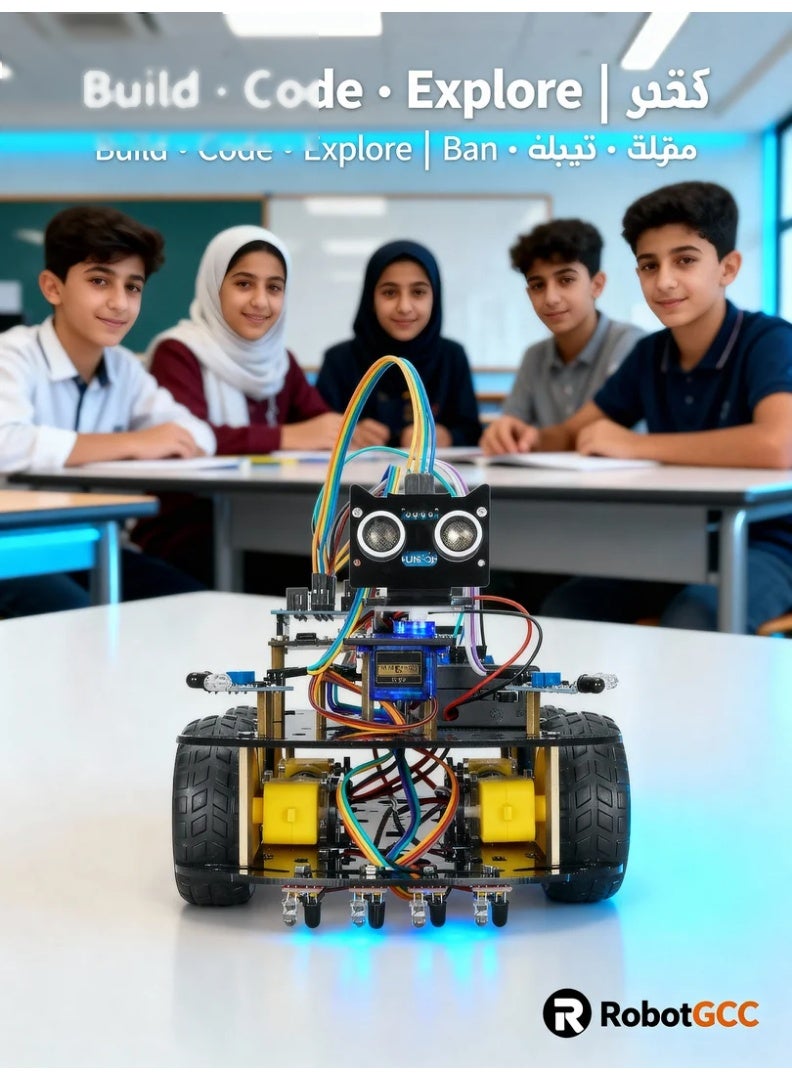 robotgcc This advanced four-wheel Arduino Smart Robot Car Kit is designed for STEM education and robotics learning. It combines infrared line tracking, ultrasonic distance sensing, and servo-based scanning to simulate autonomous navigation. The UNO R3 controller supports C/C++ coding and Mind+ block programming, offering flexibility for both beginners and advanced learners. Students can experiment with sensor fusion, motion algorithms, and PID tuning, exploring how robots perceive, decide, and act. The modular design uses plug-and-play terminals with a durable acrylic chassis and metal standoffs. Clear illustrated manuals allow complete assembly in 30 minutes. Safe, eco-friendly, and compliant with CE/EN71/IEC62115 standards, this robot car supports school labs and DIY projects alike—perfect for learning automation, control, and coding principles in an interactive way. - Image 1