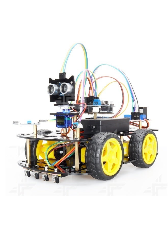 robotgcc This advanced four-wheel Arduino Smart Robot Car Kit is designed for STEM education and robotics learning. It combines infrared line tracking, ultrasonic distance sensing, and servo-based scanning to simulate autonomous navigation. The UNO R3 controller supports C/C++ coding and Mind+ block programming, offering flexibility for both beginners and advanced learners. Students can experiment with sensor fusion, motion algorithms, and PID tuning, exploring how robots perceive, decide, and act. The modular design uses plug-and-play terminals with a durable acrylic chassis and metal standoffs. Clear illustrated manuals allow complete assembly in 30 minutes. Safe, eco-friendly, and compliant with CE/EN71/IEC62115 standards, this robot car supports school labs and DIY projects alike—perfect for learning automation, control, and coding principles in an interactive way. - Image 2