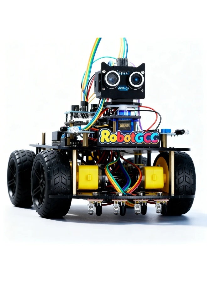 robotgcc This advanced four-wheel Arduino Smart Robot Car Kit is designed for STEM education and robotics learning. It combines infrared line tracking, ultrasonic distance sensing, and servo-based scanning to simulate autonomous navigation. The UNO R3 controller supports C/C++ coding and Mind+ block programming, offering flexibility for both beginners and advanced learners. Students can experiment with sensor fusion, motion algorithms, and PID tuning, exploring how robots perceive, decide, and act. The modular design uses plug-and-play terminals with a durable acrylic chassis and metal standoffs. Clear illustrated manuals allow complete assembly in 30 minutes. Safe, eco-friendly, and compliant with CE/EN71/IEC62115 standards, this robot car supports school labs and DIY projects alike—perfect for learning automation, control, and coding principles in an interactive way. - Image 1
