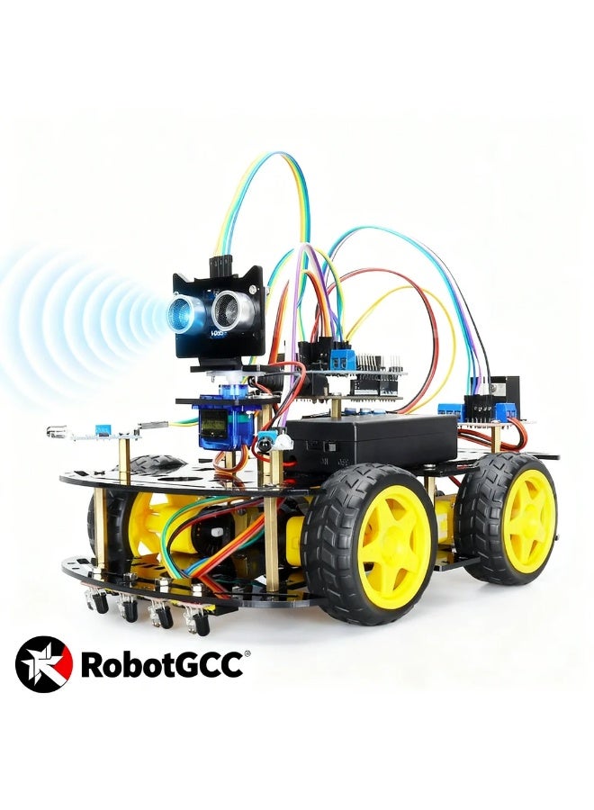 robotgcc This advanced four-wheel Arduino Smart Robot Car Kit is designed for STEM education and robotics learning. It combines infrared line tracking, ultrasonic distance sensing, and servo-based scanning to simulate autonomous navigation. The UNO R3 controller supports C/C++ coding and Mind+ block programming, offering flexibility for both beginners and advanced learners. Students can experiment with sensor fusion, motion algorithms, and PID tuning, exploring how robots perceive, decide, and act. The modular design uses plug-and-play terminals with a durable acrylic chassis and metal standoffs. Clear illustrated manuals allow complete assembly in 30 minutes. Safe, eco-friendly, and compliant with CE/EN71/IEC62115 standards, this robot car supports school labs and DIY projects alike—perfect for learning automation, control, and coding principles in an interactive way. - Image 4
