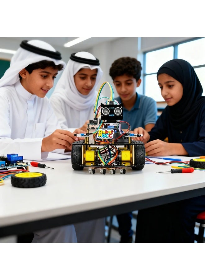 robotgcc This advanced four-wheel Arduino Smart Robot Car Kit is designed for STEM education and robotics learning. It combines infrared line tracking, ultrasonic distance sensing, and servo-based scanning to simulate autonomous navigation. The UNO R3 controller supports C/C++ coding and Mind+ block programming, offering flexibility for both beginners and advanced learners. Students can experiment with sensor fusion, motion algorithms, and PID tuning, exploring how robots perceive, decide, and act. The modular design uses plug-and-play terminals with a durable acrylic chassis and metal standoffs. Clear illustrated manuals allow complete assembly in 30 minutes. Safe, eco-friendly, and compliant with CE/EN71/IEC62115 standards, this robot car supports school labs and DIY projects alike—perfect for learning automation, control, and coding principles in an interactive way. - Image 3