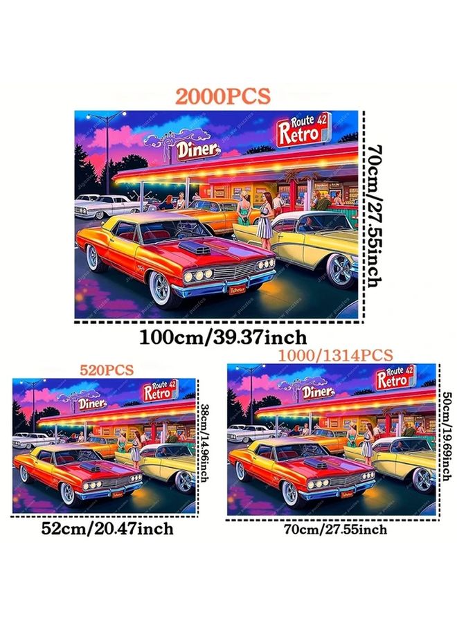 2000 Pieces Jigsaw Puzzles For Adults Retro Diner Scene Classic Cars Neon Lights Wall Decor - Image 3