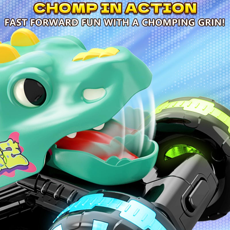 Intoypad Green Dino Monster Truck â€“ LED Light-Up Press and Go Toy Car for Toddlers Age 2 3 4 5 â€“ Dinosaur Truck with Flashing Wheels and Chomping Mouth for Boys and Girls - Image 4