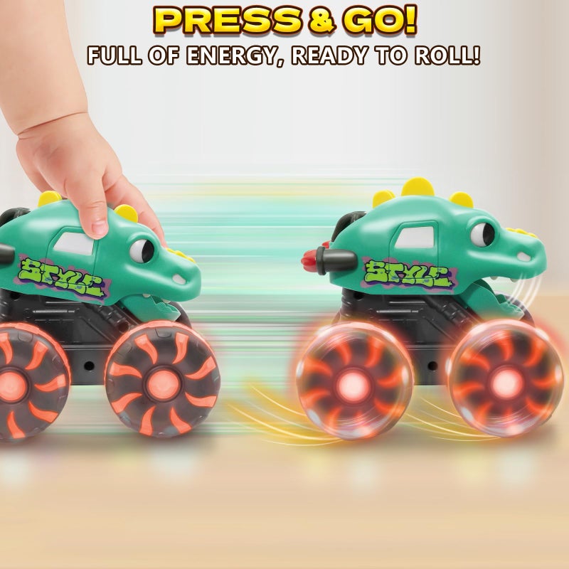 Intoypad Green Dino Monster Truck â€“ LED Light-Up Press and Go Toy Car for Toddlers Age 2 3 4 5 â€“ Dinosaur Truck with Flashing Wheels and Chomping Mouth for Boys and Girls - Image 3