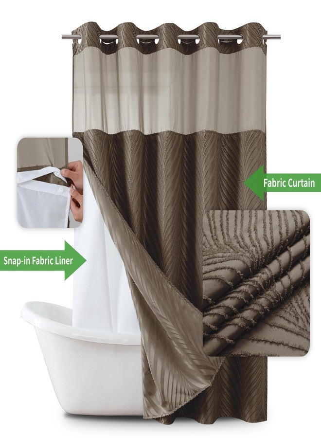 eachope no Hook Shower Curtain and Fabric Liner Set，Thanksgiving Autumn Shower Curtain, Boho Tufted Striped Style with See Through Top Window, Brown, 71Wx74H - Image 2