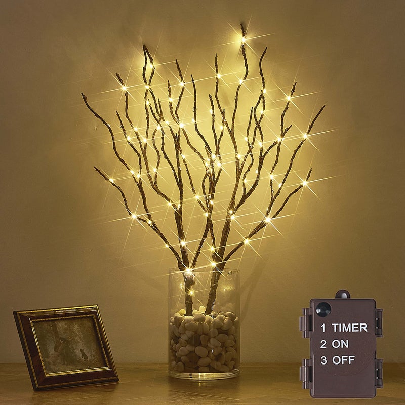 Hairui Twig Branches with Fairy LED Lights 18IN 70LED Battery Operated Lighted Brown Willow Branches for Home Witner Christmas Decoration Indoor Outdoor Use Vase Excluded