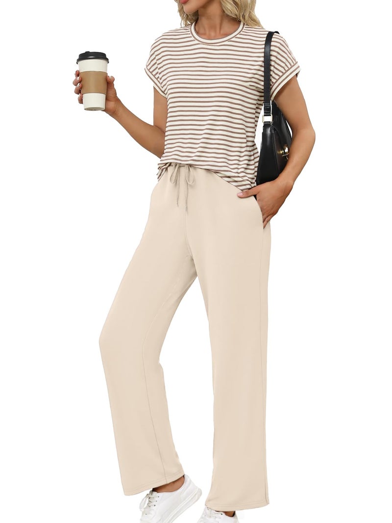 Glamaker Two Piece Sets for Women Summer Lounge Set Short Sleeve Pullover Tops Sweatpants 2025 Fashion Outfits Khaki S - Image 1
