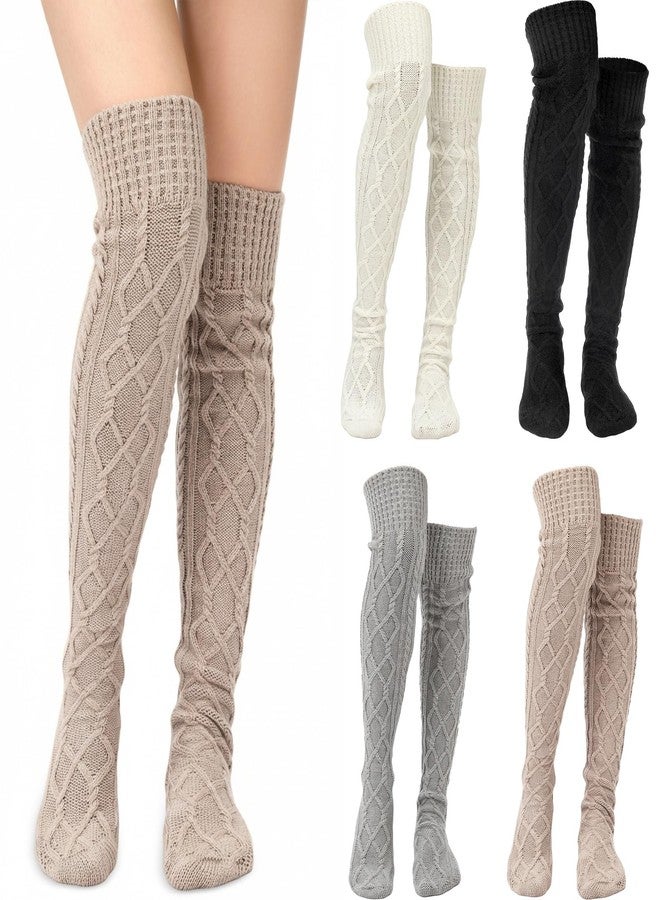 Toulite جوارب طويلة تصل إلى الركبة من توليت، 4 أزواج، جوارب طويلة ودافئة للساقين، مناسبة لفصل الشتاء (أسود، أبيض، رمادي، كاكي) - Image 1