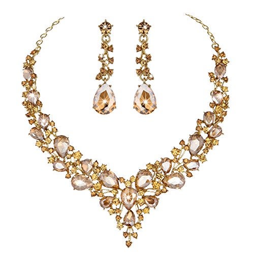 Molie Bridal Austrian Crystal Necklace and Earrings Jewelry Set Gifts fit with Wedding Dress(Champagne) - Image 1