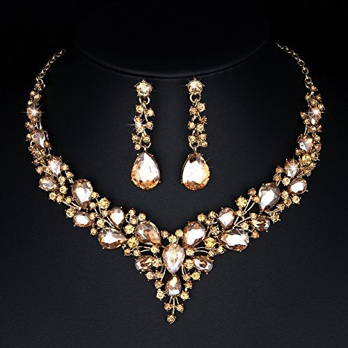 Molie Bridal Austrian Crystal Necklace and Earrings Jewelry Set Gifts fit with Wedding Dress(Champagne) - Image 2