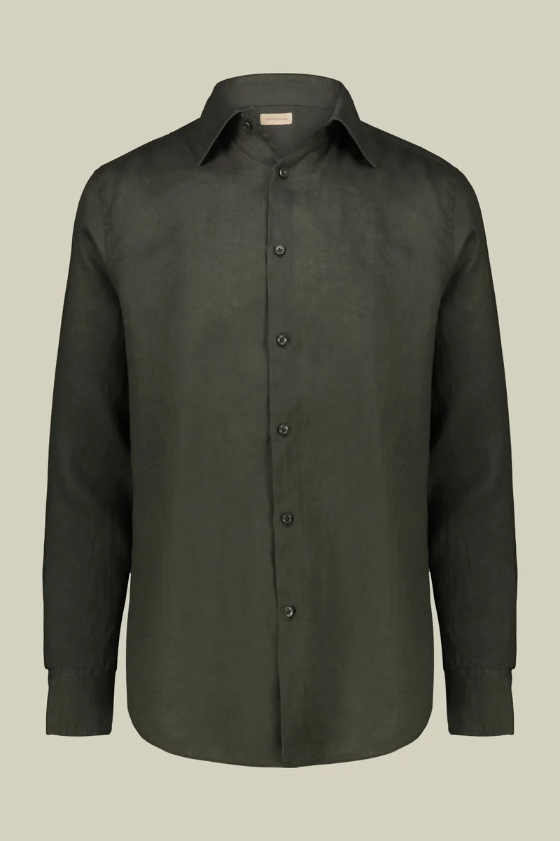 Men's casual shirt with classic collar, 100% linen - Military
