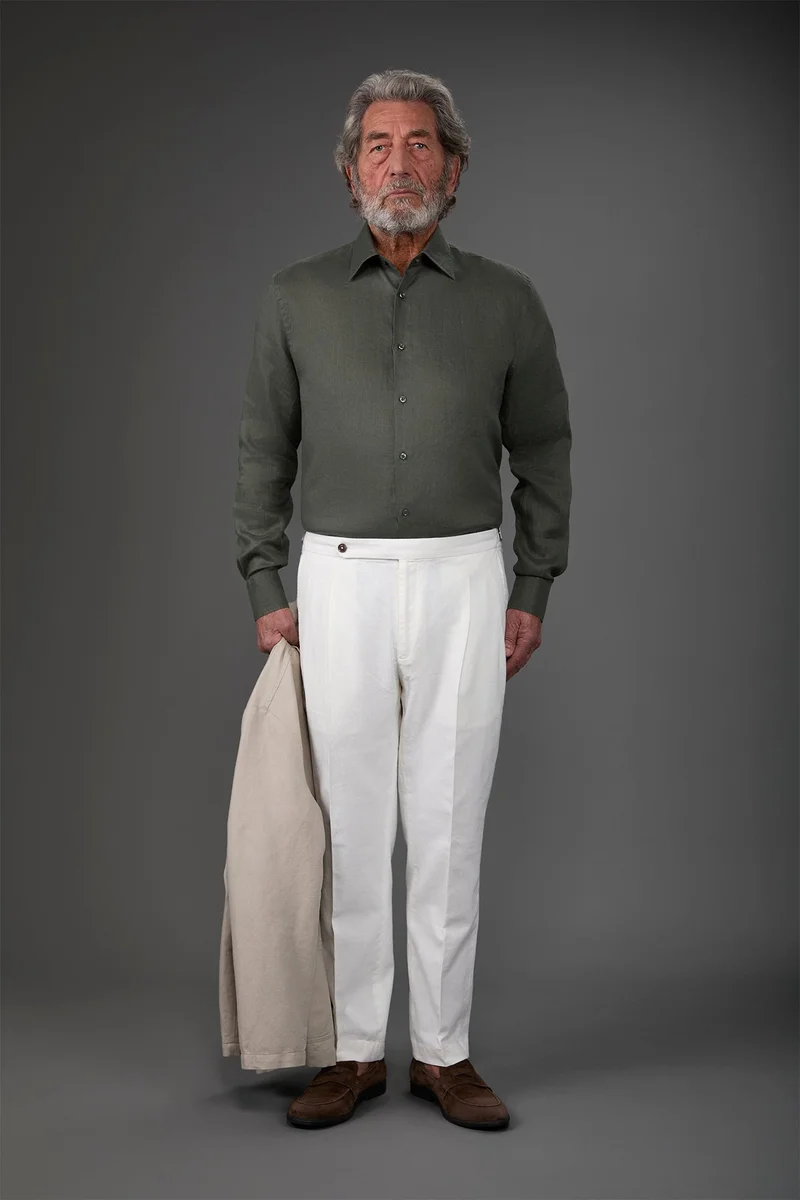 Doppelganger Green Men's casual shirt with classic collar, 100% linen - Military for Men | Best Price UAE