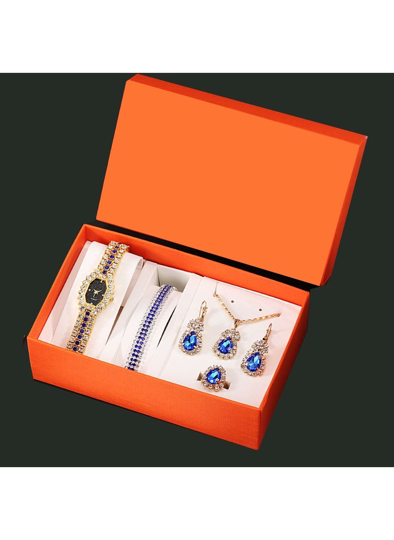 Womens luxury fashion small diamond steel belt quartz watch + bracelet + necklace + earrings gift box suit Black Gold