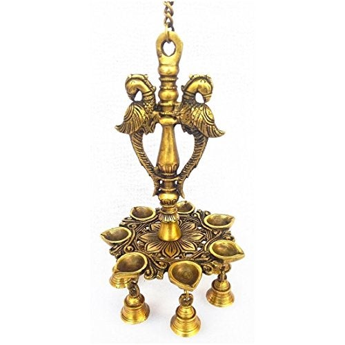 Artvarko Brass Handmade Double Peacock Design 7 Oil Wick Hanging Diya Chain with Bells for Home Decor, Temple Showpiece. - Image 3