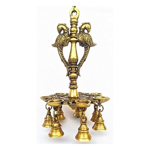 Artvarko Brass Handmade Double Peacock Design 7 Oil Wick Hanging Diya Chain with Bells for Home Decor, Temple Showpiece. - Image 2