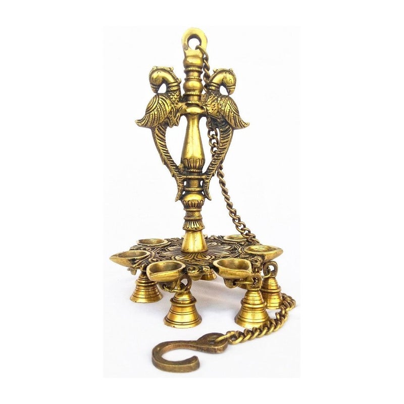 Artvarko Brass Handmade Double Peacock Design 7 Oil Wick Hanging Diya Chain with Bells for Home Decor, Temple Showpiece. - Image 5