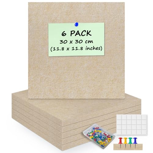 ANLIOTE 6 Pack Cork Board Felt Bulletin Board with 60 Push Pins 12 Thick Pinboard Square Tiles for Wall Organizer Home Office Classroom Decor Photo Display Memo Board 118x118 Beige - Image 1