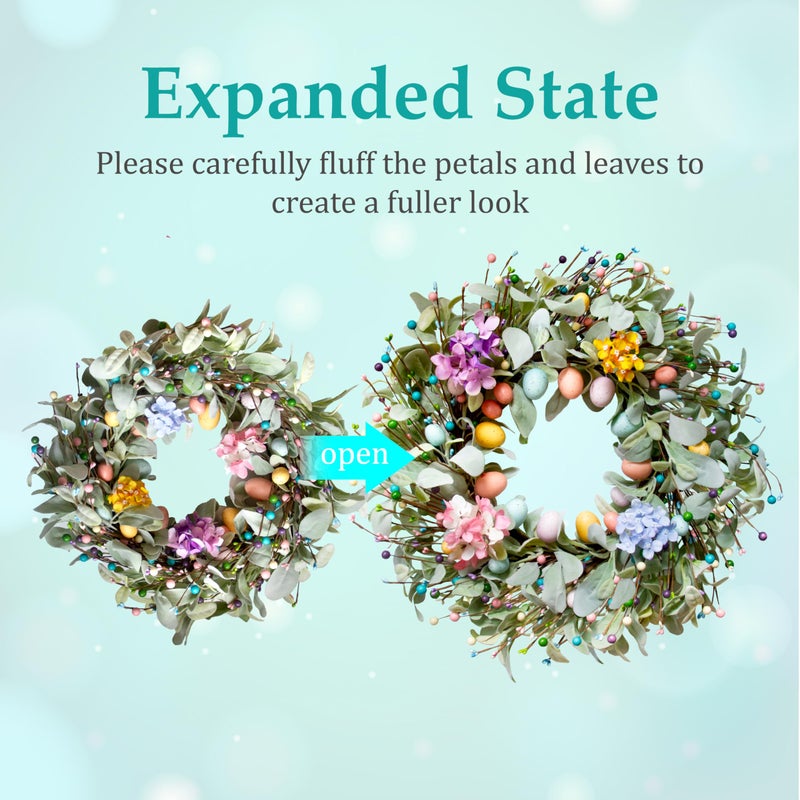 Montekin 20 Inch Spring Easter Wreath with Eggs & Lambs Ear â€“ Artificial Eucalyptus Holiday Front Door Wreath for Farmhouse, Indoor Outdoor Home DÃ©cor, Easter Egg Wreath for Spring - Image 5