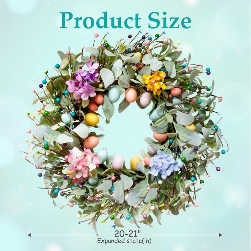 Montekin 20 Inch Spring Easter Wreath with Eggs & Lambs Ear â€“ Artificial Eucalyptus Holiday Front Door Wreath for Farmhouse, Indoor Outdoor Home DÃ©cor, Easter Egg Wreath for Spring - Image 4